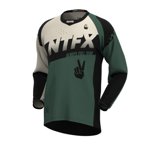 Full Send Race Jersey in beige, black, and hunter green with NTFX lettering and rider name placeholder.