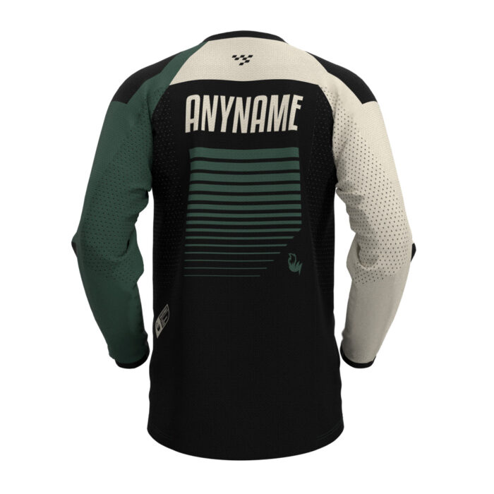 Full Send Race Jersey in beige, black, and hunter green with NTFX lettering and rider name placeholder.