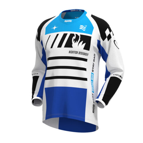 Max Speed Race Jersey in white with black, cyan, and dark blue details.