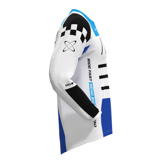 Max Speed Race Jersey in white with black, cyan, and dark blue details.