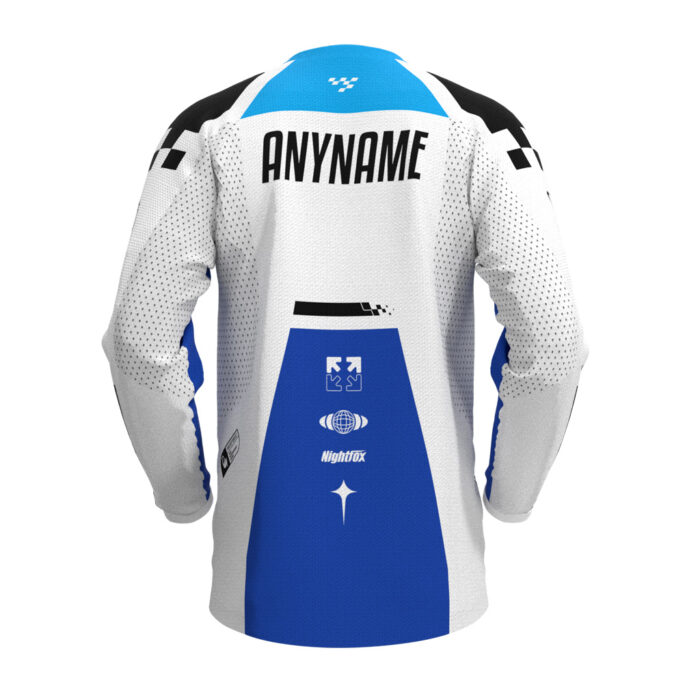 Max Speed Race Jersey in white with black, cyan, and dark blue details.