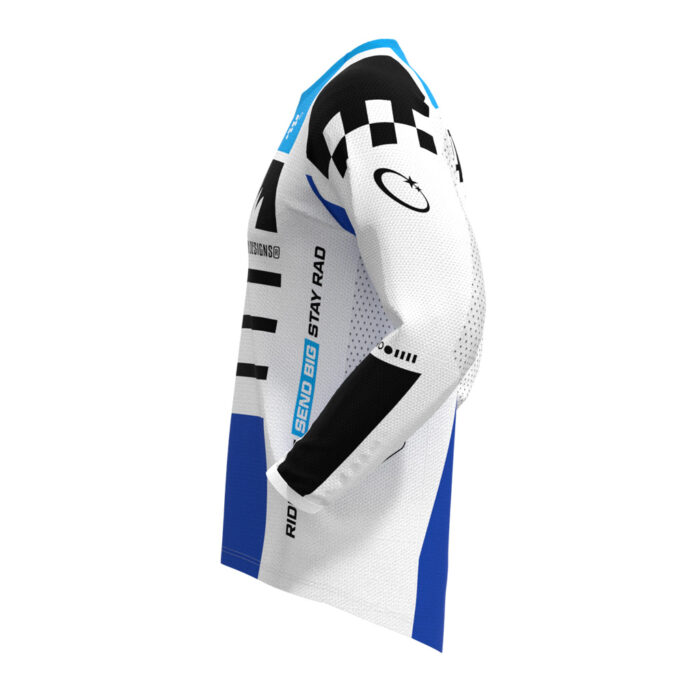 Max Speed Race Jersey in white with black, cyan, and dark blue details.