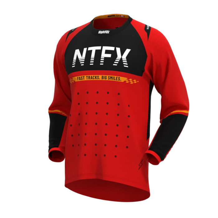 NitroRush Race Jersey in Fire Red with orange and black details, featuring a large NTFX logo on the chest and a customizable name placeholder on the back.