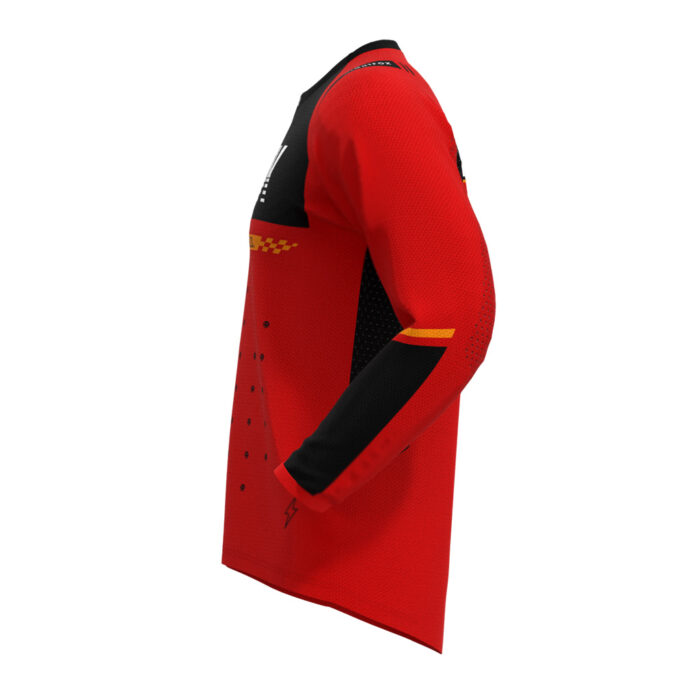 NitroRush Race Jersey in Fire Red with orange and black details, featuring a large NTFX logo on the chest and a customizable name placeholder on the back.