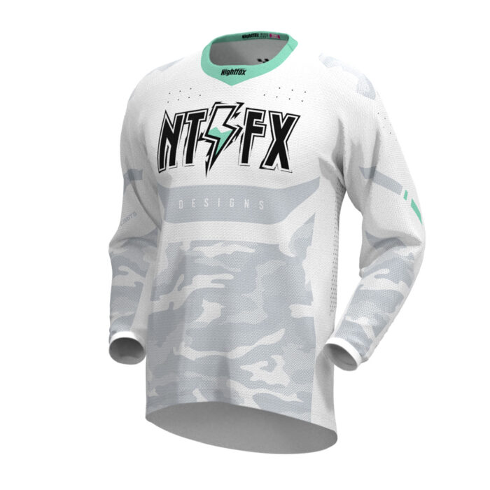 SpeedShred Race Jersey in Alpine White with mint and black details, featuring large NTFX lettering on the chest and a customizable name placeholder on the back.