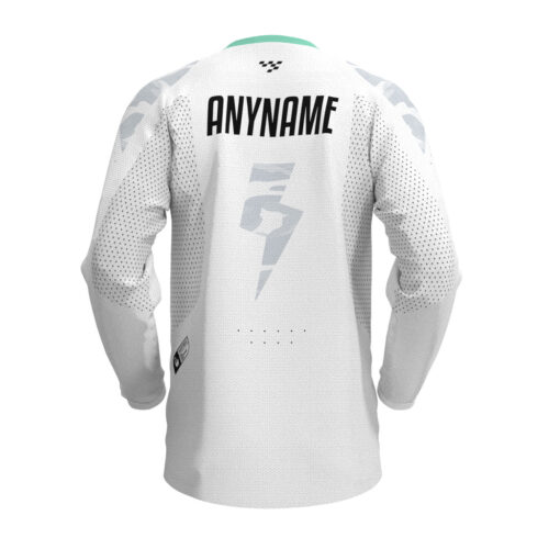 SpeedShred Race Jersey in Alpine White with mint and black details, featuring large NTFX lettering on the chest and a customizable name placeholder on the back.