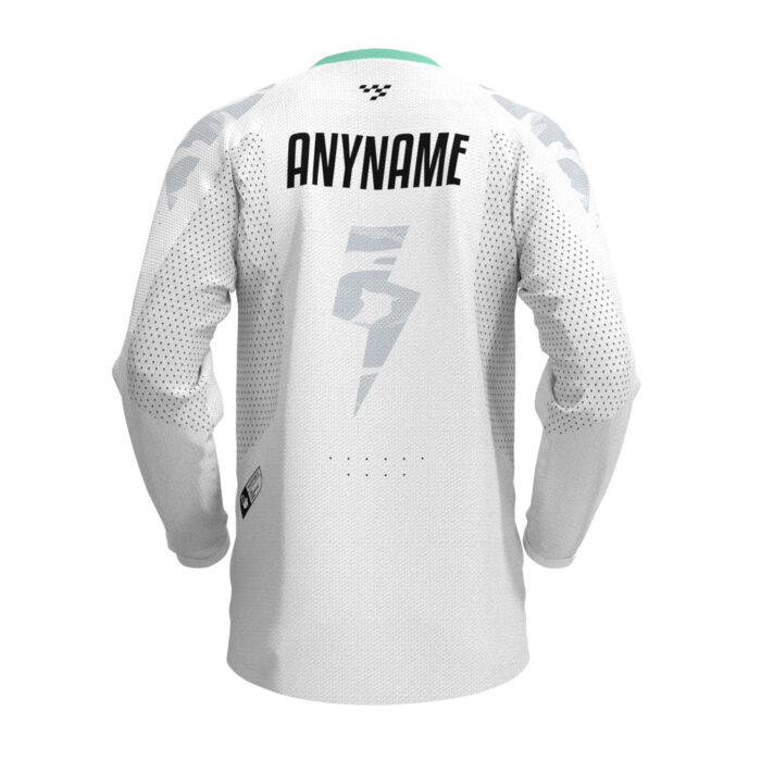 SpeedShred Race Jersey in Alpine White with mint and black details, featuring large NTFX lettering on the chest and a customizable name placeholder on the back.