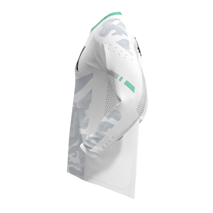 SpeedShred Race Jersey in Alpine White with mint and black details, featuring large NTFX lettering on the chest and a customizable name placeholder on the back.