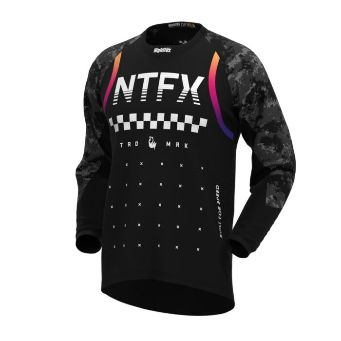 Velocity Race Jersey in True Black with white and colorful details, featuring a large NTFX logo on the chest, checkered race pattern on the front, and a customizable name placeholder on the back.