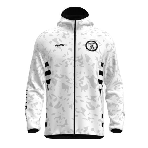 Cullo-DH team custom windbreaker in white with black details and bold lettering.