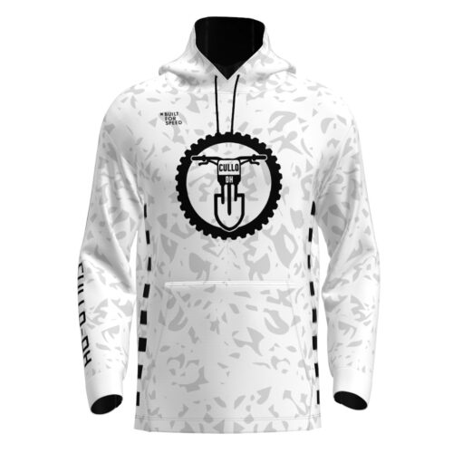 Cullo-DH team Tech Hoodie design in white, featuring black details and bold lettering.