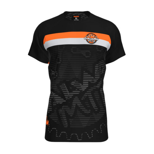 Galway MTB Tech T-shirt with a black torso, orange details, and a subtle team logo watermark in the background.